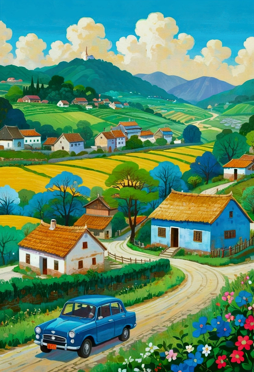 painting of a blue car driving down a country road with a village in the background, a detailed painting by Yi Inmun, shutterstock contest winner, naive art, hand painted cartoon art style, countryside city scene, vibrant gouache painting scenery, scenery artwork, a beautiful artwork illustration, detailed scenery —width 672, in the countryside, stylized digital illustration