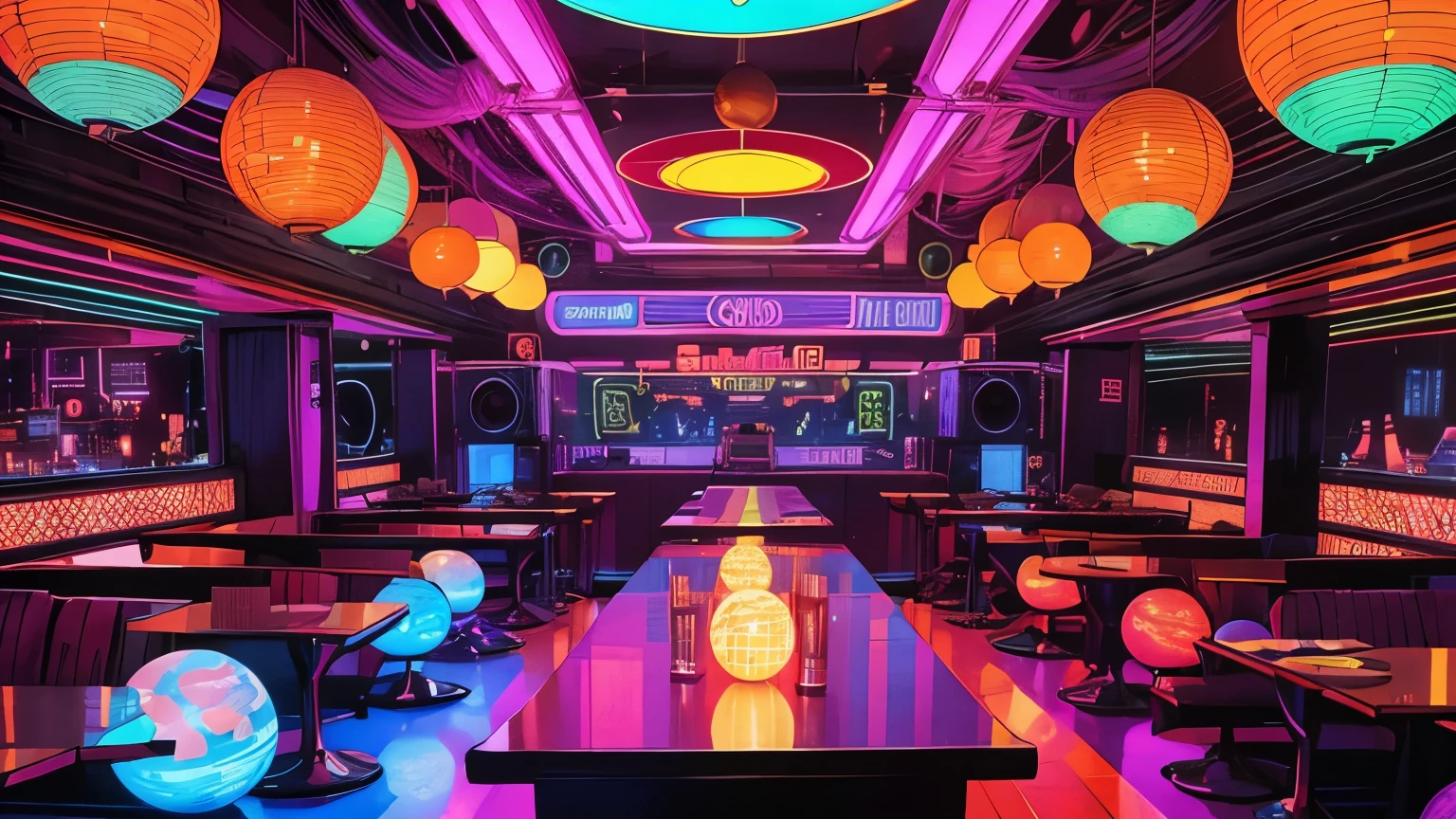 70s NYC disco: colorful environment with mirrored globes, vibrant lights, powerful speakers, elaborate sound tables, neon decoration, withouth People, full of energy."