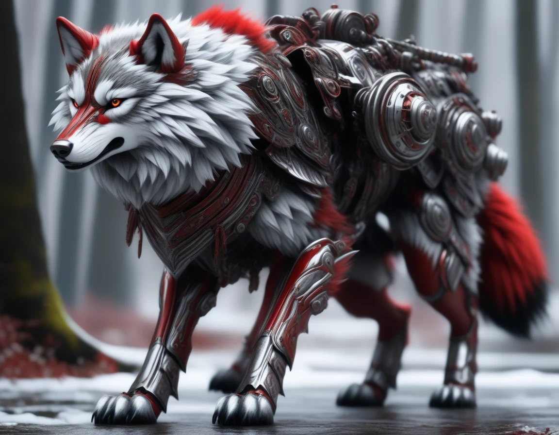 ((Masterpiece)), ((Best Quality)), (Very Detailed), ((Very Detailed)), 4K, (8K), very aesthetic, absurdres highres, A highly detailed and realistic illustration of a wolf wearing advanced red and silver mechanical armor. The armor should have intricate details, with visible joints, wires, and panels, giving a futuristic and robotic appearance. The wolf should have a majestic and fierce expression, with sharp, intense eyes. The fur should be a vibrant red with white highlights, seamlessly integrated with the armor. The mechanical armor should feature various shades of red with metallic silver accents, showing signs of wear and battle damage for added realism. The armor plates should have a glossy finish with subtle reflections and highlights. The wolf's posture should be strong and imposing, standing on all fours, ready to run, with its head held high. The wolf should display a natural and realistic movement, as if it understands the physiology and behavior of real wolves. The background should be plain and unobtrusive, possibly a simple gradient or solid color, to ensure all focus is on the character.