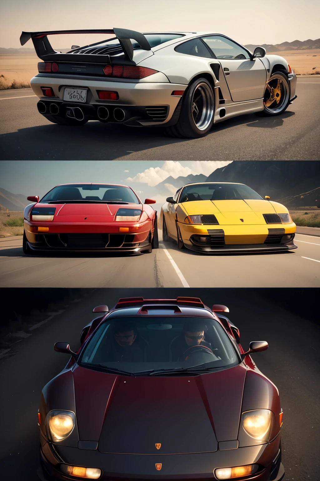 1. In the first frame, we witness a breathtaking fusion of Lamborghini Diablo and Porsche 911 Turbo, a magnificent sight that immediately captures the eye. The Lamborghini's iconic angular design merges seamlessly with the Porsche's sleek profile, creating a unique and powerful hybrid. The front end sports the sharp angles and distinctive grille of the Diablo, while the rear maintains the distinctive Porsche silhouette and tail lights.

2. As the car moves forward in the second frame, its powerful engine roars to life, sending plumes of smoke and sparks trailing behind it. The fusion of the Diablo and