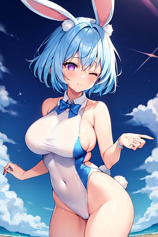 1girl, rabbit ears, animal ear fluff, (animal ear fluff), white rabbit ears, light blue hair, blue hair, very short hair, pixie cut, purple eyes, one eye closed, large breasts, thick thighs, hourglass figure, light smile, one-piece swimsuit, competition swimsuit, bare legs, mature female, beach, blue swimsuit