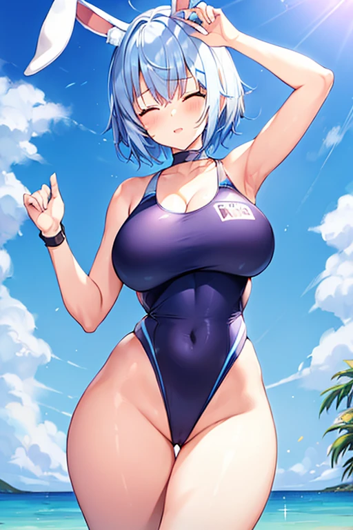 1girl, rabbit ears, animal ear fluff, (animal ear fluff), white rabbit ears, light blue hair, blue hair, very short hair, pixie cut, purple eyes, one eye closed, large breasts, thick thighs, hourglass figure, light smile, one-piece swimsuit, competition swimsuit, bare legs, mature female, beach, blue swimsuit