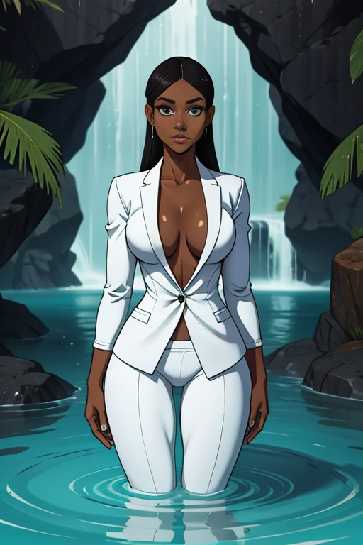 a dark skin woman standing in water wearing white suit