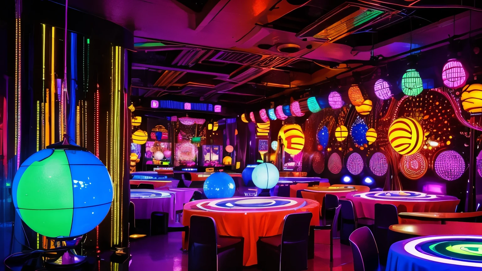 70s NYC disco: colorful environment with mirrored globes, vibrant lights, powerful speakers, elaborate sound tables, neon decoration, withouth People, full of energy."