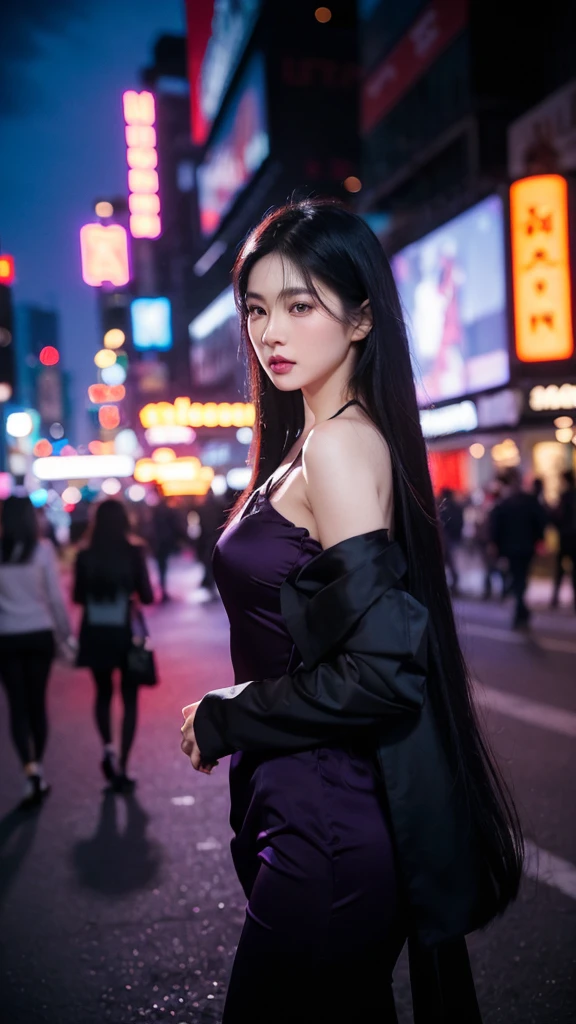 (mid photo shot), (((real life photo))), ((((real face)))), asiatique, white skin, (purple and black long hair), wearing a sexy red outfit, walking in new york (at night), (((ultra detailled face, ultra detailled background))), high resolution, ((no blurring)), low light on her body, (no blurry), ((no light on her)), 4k