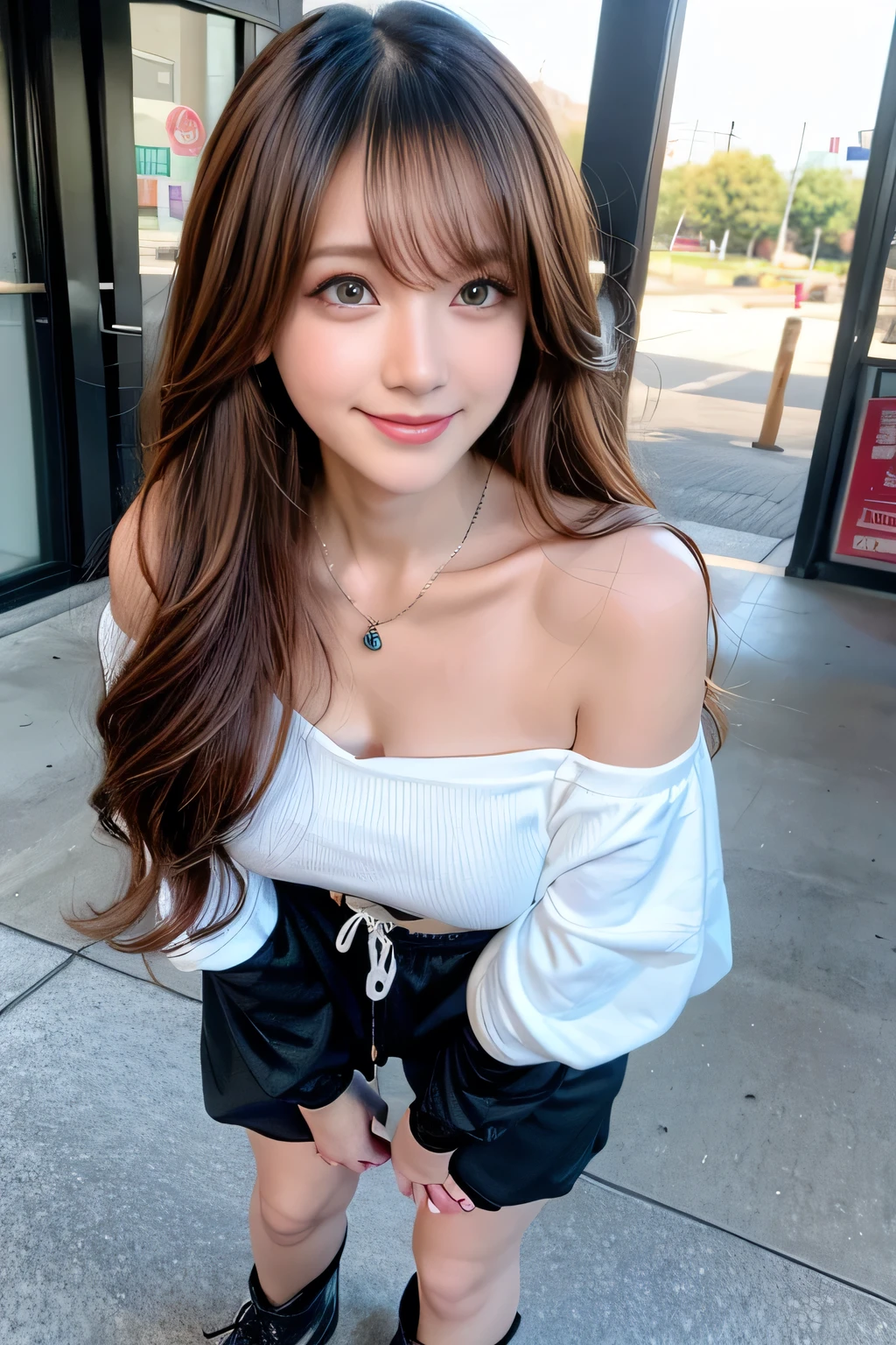 seed;2372725988,((Full Body Angle))、((Front hair:1.3))、((Highest quality, 8k, masterpiece: 1.3)), concentrated: 1.2, Cute girl 1,Nipples erect、 Perfect beauty: 1.4,Summer off-the-shoulder cropped T-shirt、Letter Print、Shorts: 1.2,Long sleeve、Randall Color、comics＆Text Graphics、Black ruffle-trimmed drawstring zip blouse,1.1, Highly detailed face and skin textures, Fine grain, double eyelid, whitening skin, ,Highest quality,Ultra-high resolution,you,1 girl,alone,_Shiny_skin,Iris,necklace,((brown_length_Wavy_hair)),(lips)),eyelash,Front hair,deal with,compensate,Shiny,pore,skin,Large Breasts、((smiling face))、stroll、Selfie、