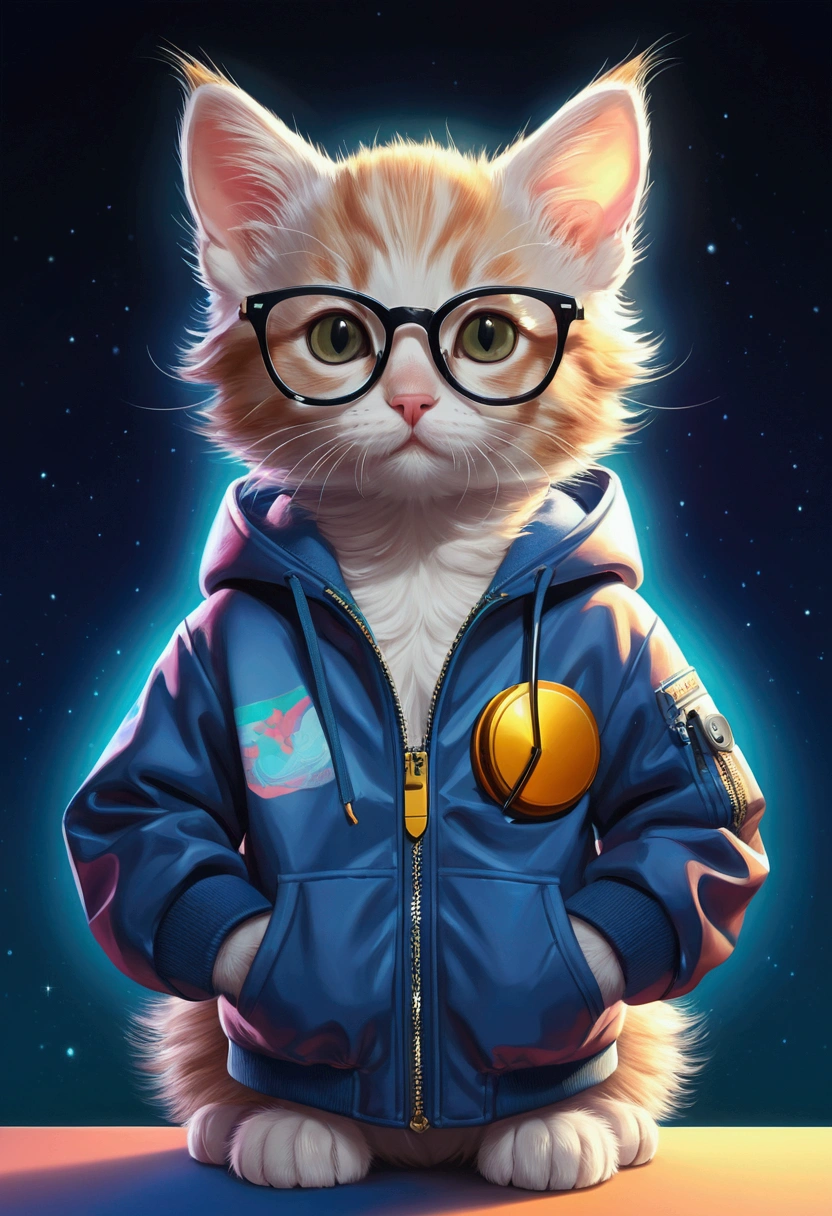 Perfect centering, A cute kitten all over, Wear a student jacket, Wearing glasses, Wearing headphones, Standing position, Abstract beauty, Centered, Looking at the camera, Facing the camera, nearing perfection, Dynamic, Moonlight, Highly detailed, Digital painting, art  stations, concept-art, smooth, Sharp focus, 8K, high definition resolution, illustration, 