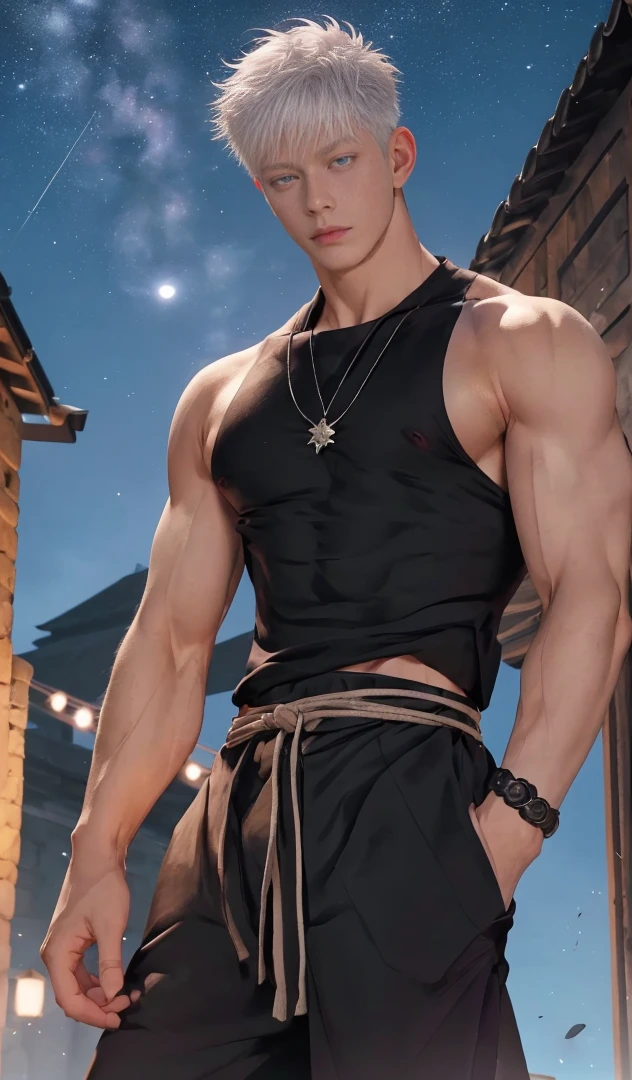 1 male, high resolution 4k, adult, handsome male, perfect face detail, detailed eyes and face, clean shaved, sixpack, white eyebrow hair, white eyelashes, Naked torso, Detailed face, perfect face, dynamic lighting, Real skin texture, ((Perfect hand details)), ((Real and complete hand details)), unreal engine, hd picture, satoru gojo, Jujutsu kaisen, white hair, short hair ,hair between eyes ,blue eyes, white skin, Sexy clothes, singlet