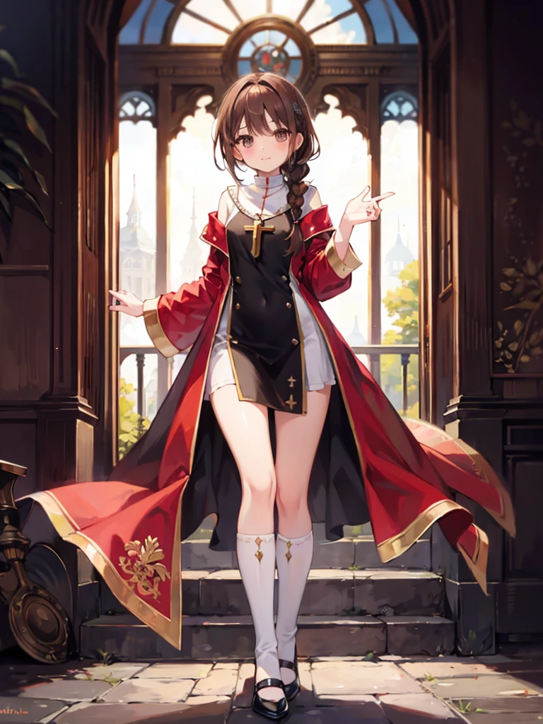 brown hair,girl,brown eyes,fantasy priest, braid,full body