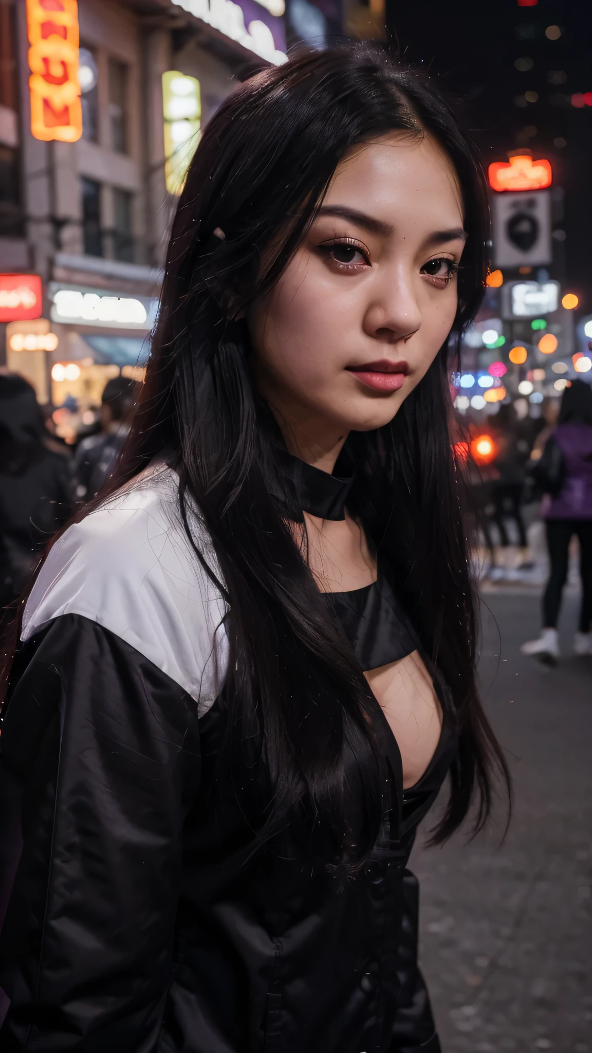 (mid photo shot), (((real life photo))), ((((real face)))), asiatique, white skin, (purple and black long hair), wearing a sexy red outfit, walking in new york (at night), (((ultra detailled face, ultra detailled background))), high resolution, ((no blurring)), low light on her body, (no blurry), ((no light on her)), 4k