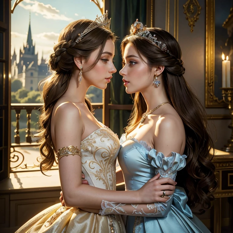 (masterpiece, best quality:1.5), highest quality, High resolution, super detailed, Realists, Full body photo of brunette woman, detailed and beautiful eyes, beautiful detailed lips, very detailed eyes and face, longeyelashes, Woman in evening dress made of shiny satin fabric, Beautiful and colorful makeup, elegant and noble々Pose,shiny crown and jewels, Gardens as background, soft daylight, bright colors, fine brushstrokes, Portrait style, Noble details in the dress fabric, beautiful color palette, glowing skin, First-class rendering, that captures every detail, enchanting atmosphere, subtle shadows and lights, (perfect anatomy:1.2), (Two stunning women are deeply in love:1.4), (kiss:1.2), (magnificent panorama view:1.2)