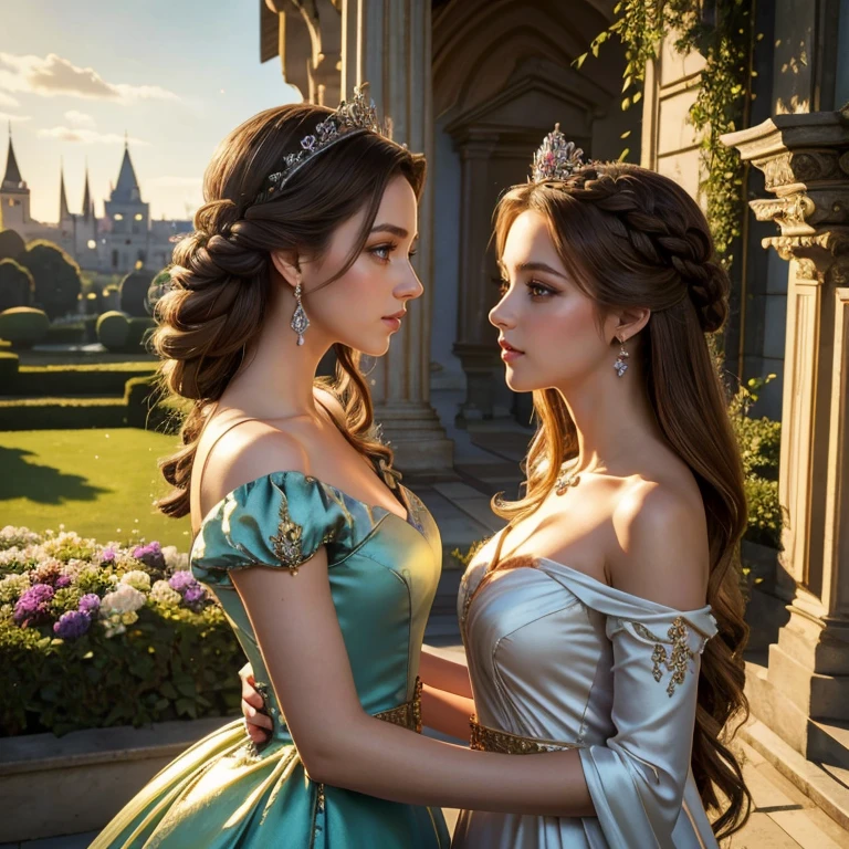 (​masterpiece, best quality:1.5), highest quality, High resolution, super detailed, Realists, Upper body photo of the brunette princess, detailed and beautiful eyes, beautiful detailed lips, very detailed eyes and face, longeyelashes, Princess in shiny satin royal dress, Beautiful and colorful makeup, Long braided hairstyle, elegant and noble々Pose,shiny crown and jewels, Royal gardens as background, soft daylight, bright colors, fine brushstrokes, Portrait style, Noble details in the dress fabric, beautiful color palette, glowing skin, First-class rendering, that captures every detail, enchanting atmosphere, subtle shadows and lights, (perfect anatomy:1.2), (Two stunning princesses are deeply in love:1.4), (kiss:1.2), (magnificent panorama view:1.2)