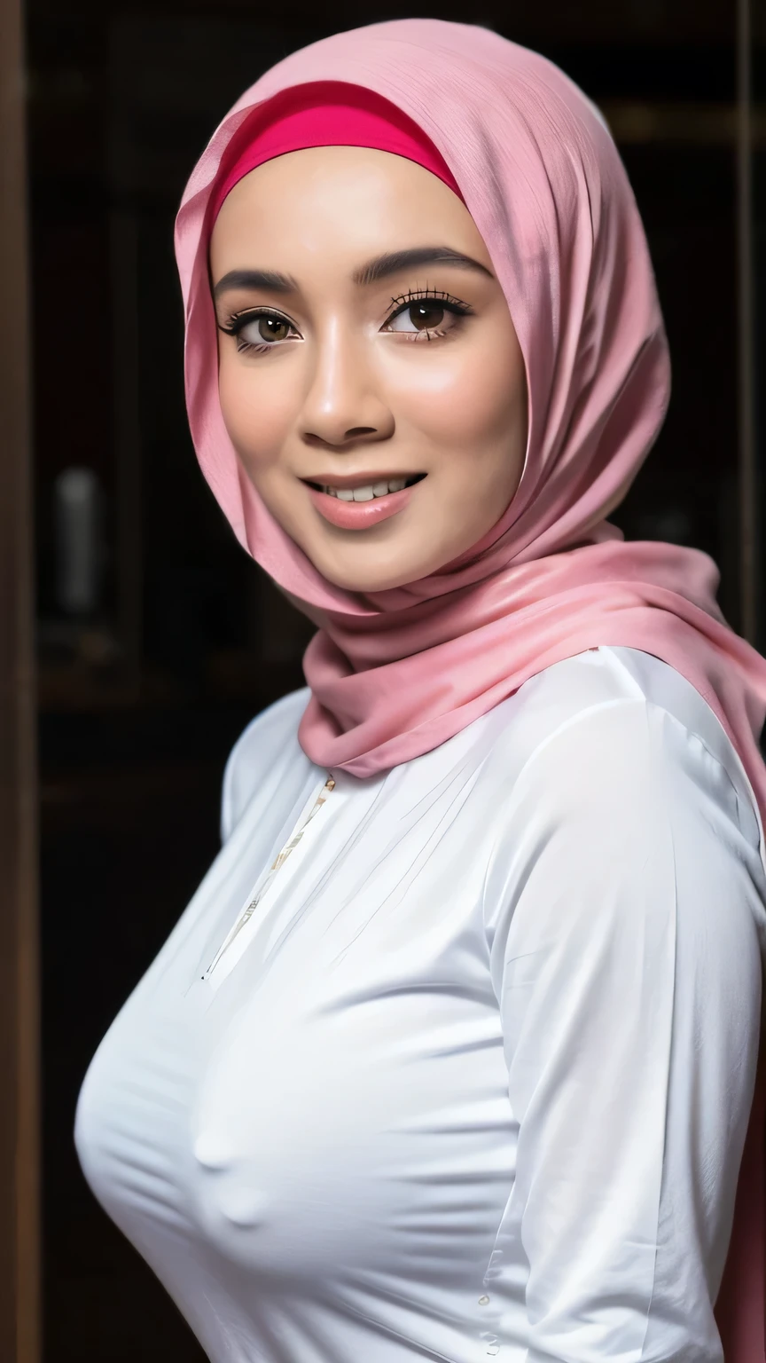 adorable, 1 girl, wearing pink hijab, (face to face), 30 years old, beautiful face, happy, half body portrait, (face details: 1), (eye details:1), ((big breasts)). wearing transparency long shirt, .. Cute posed. proportional body. Ultra High Res. realistic: 1.4, UHD, Half body shot, black longskirt, slin and tall body type, pretty, many of cum on shirt and face