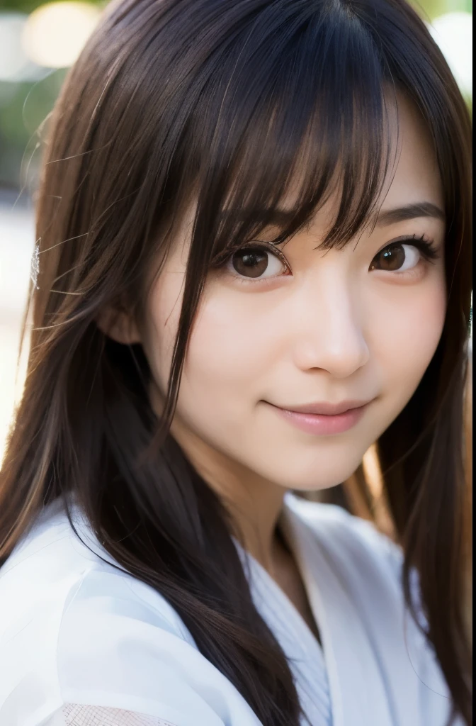 best quality, face focus, soft light, ultra high res, (photorealistic:1.4), RAW photo,(Shinozaki Ai), white skin, kawaii,
1 Japanese girl, solo, cute, smile, (pupil, lights in the eyes), detailed beautiful face, Medium-sized breasts,(high resolution detail of human skin texture),(long hair),(portrait), upper body, white traditional kimono,