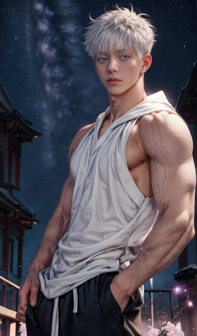1 male, high resolution 4k, adult, handsome male, perfect face detail, detailed eyes and face, clean shaved, sixpack, white eyebrow hair, white eyelashes, Naked torso, Detailed face, perfect face, dynamic lighting, Real skin texture, ((Perfect hand details)), ((Real and complete hand details)), unreal engine, hd picture, satoru gojo, Jujutsu kaisen, white hair, short hair ,hair between eyes ,blue eyes, white skin, Sexy clothes, singlet