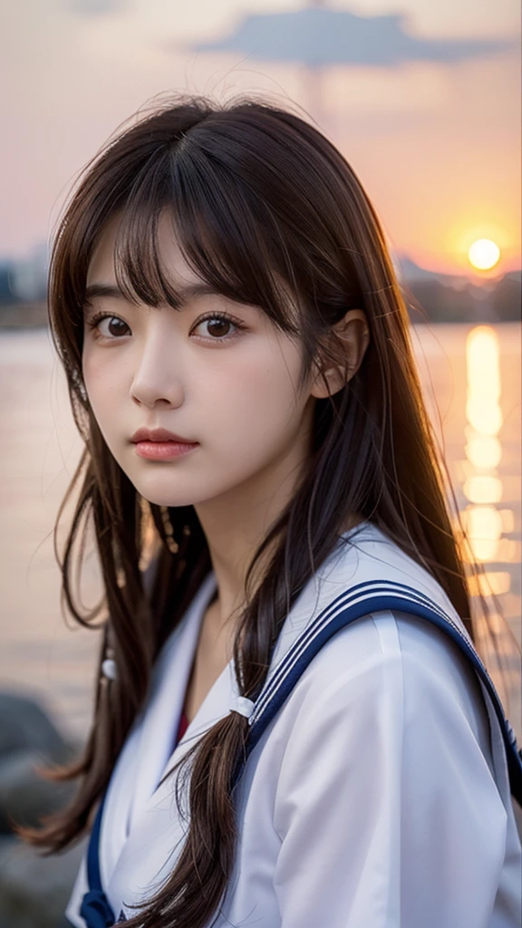 high resolution、Japanese women、Beauty、cute、Brown long hair hairstyle、Small face、Beautiful skin、Large breasts、Reality Stick、Sailor suit、summer、evening、evening、The sun goes down、Sad expression