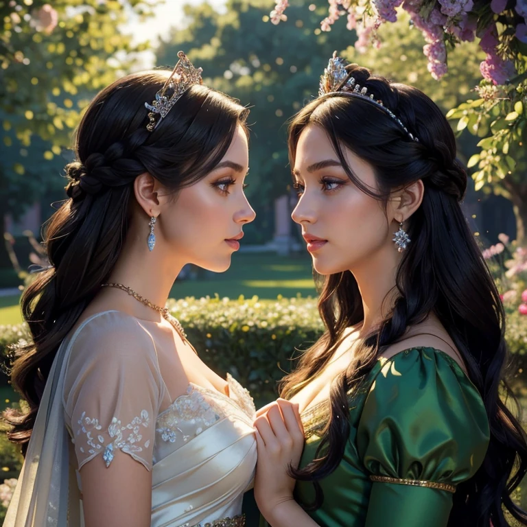 (masterpiece, best quality:1.5), highest quality, High resolution, super detailed, Realists, Upper body photo of a brunette sorceress, detailed and beautiful eyes, beautiful detailed lips, very detailed eyes and face, longeyelashes, shiny satin dress, Holding a magic wand in your hand and performing a transformation spell, Magic wands present and shining, Beautiful and colorful makeup, elegant and noble々The jewelry bag, Gardens as background, soft daylight, bright colors, fine brushstrokes, Portrait style, Silk dress fabric, beautiful color palette, glowing skin, First-class rendering, that captures every detail, enchanting atmosphere, subtle shadows and lights, (perfect anatomy:1.2), (The two breathtaking sorceresses transform flowers into jewelry (a transformation):1.4), (magnificent panorama view:1.2)
