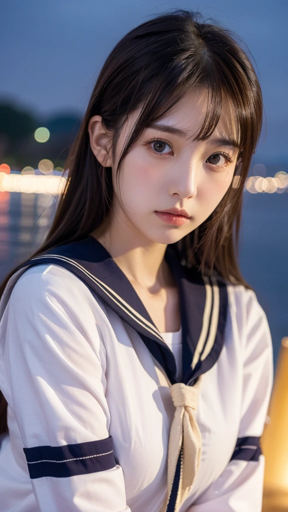 high resolution、Japanese women、Beauty、cute、Brown long hair hairstyle、Small face、Beautiful skin、Large breasts、Reality Stick、Sailor suit、summer、night、Sad expression