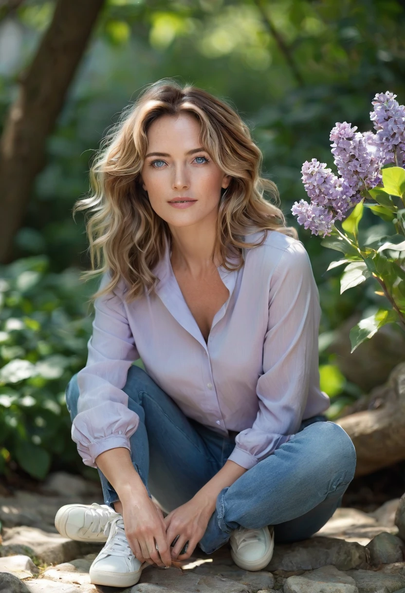 Location: Outside of a Minimalist Country House Model:
- Age: 40 years - Hair: Wavy, light brown color with blue highlights - Eyes: Hazelnut color, tender look - Makeup: professional, natural and elegant - Wardrobe:
- Lilac blouse - Sky blue jeans - High sneakers - Long round earrings Photography style:
- Natural and relaxed, with a touch of sophistication - Focus on the natural beauty of the environment and the elegance of the model - Use of natural light, with possible interesting reflections and shadows Camera specifications:
- Camera type: High-end DSLR or mirrorless - Lens: 50mm o 85mm, with opening f/1.4 o f/2.8 for a blurred background and precise focus on the model - ISO: 100-400, depending on available light - Shutter speed: 1/125s or faster to freeze motion - Shooting mode: Manual or Aperture Priority to control aperture and exposure Composition:
- Using the rule of thirds to place the model in the frame - Incorporate natural elements, like trees, flowers or stones, in the background or as props - Experiment with interesting angles and perspectives, such as shots from below or from above Lighting:
- Natural light, with possible interesting reflections and shadows - Use of reflectors or diffusers to control the light and avoid harsh shadows