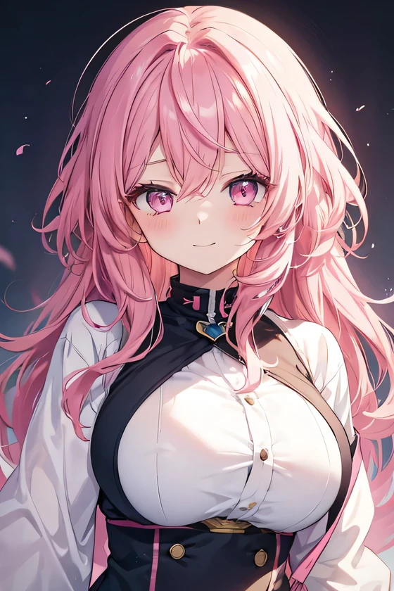 girl, cute anime girl, smile, pink hair, long hair, messy hair, pink eyes, blushing, girl, big tits, beautiful hair style, (((Best Quality: 1.4)))