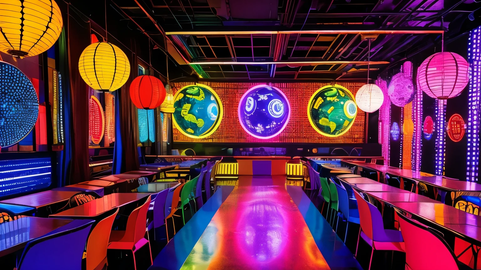 70s NYC disco: colorful environment with mirrored globes, vibrant lights, powerful speakers, elaborate sound tables, neon decoration, withouth People, full of energy."
