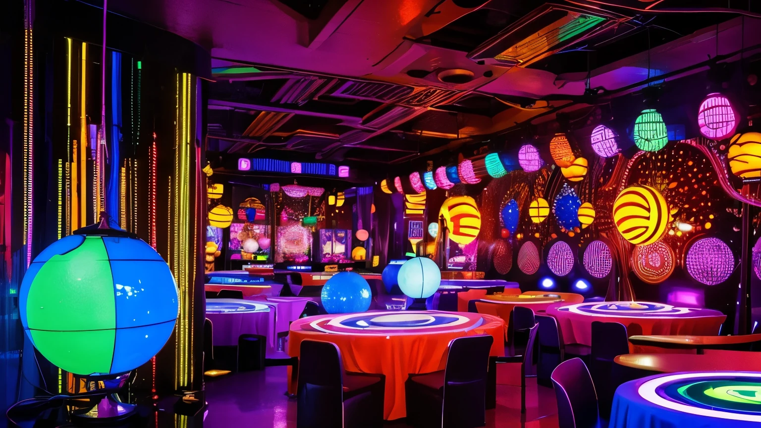 70s NYC disco: colorful environment with mirrored globes, vibrant lights, powerful speakers, elaborate sound tables, neon decoration, withouth People, full of energy."