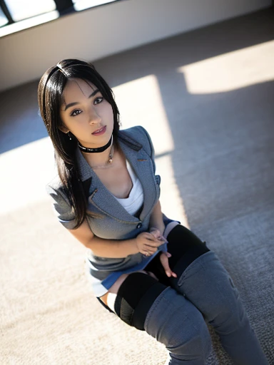 Perfect body、((8k, RAW Photos, Highest qualityの, masterpiece), High resolution RAW color photos Professional close-up photos, (Realistic, Photorealism: 1.37), (Highest quality), (Best Shadow), (Best illustrations), clavicle ((big)), ((erotic, sexy, Ultra-high resolution, 高精細CG一体型8k電伝壁紙, Physically Based Rendering, Cinema Lighting), (charm的な猿:1), , (Grey blazer, ribbon, choker, High School Uniform: 1.2), High school classroom, Fine and beautiful eyes, The light shines on your face, ((Full Body Shot: 1.2)), Particularly strong light, (Superior, shy:1.2),Glowing Skin, (((Black Hair, Long Hair:1.2))), (Thin legs), Uruchan-6500-v1.1:0.2, shy, (flash:1.2), Browsing Caution , ((Seductive posture: 1.2, charm: 1.2)), (Idle state), ((sitting at a desk in the classroom: 1.2)), ((Excellent anatomy: 1.2)), ((Bright and refreshing classrooms, The background is blurred: 1.2)), Perfect Face, Cute Face, (High angle shot:1.2),((Super short skirt: 1.2)),((Over the knee socks: 1.4)), Perfect Legs, Thin legs