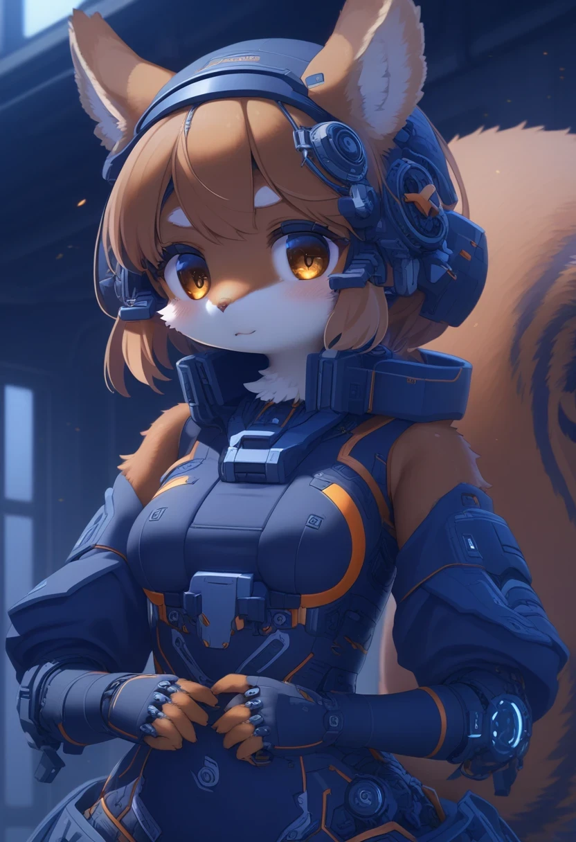 ((Masterpiece)), ((Best Quality)), (Very Detailed), ((Very Detailed)), 4K, (8K), very aesthetic, absurdres highres, 1 girl, (anthropomorphic squirrel, furry, kemono:1.5), cyborg style, cyborg, android,