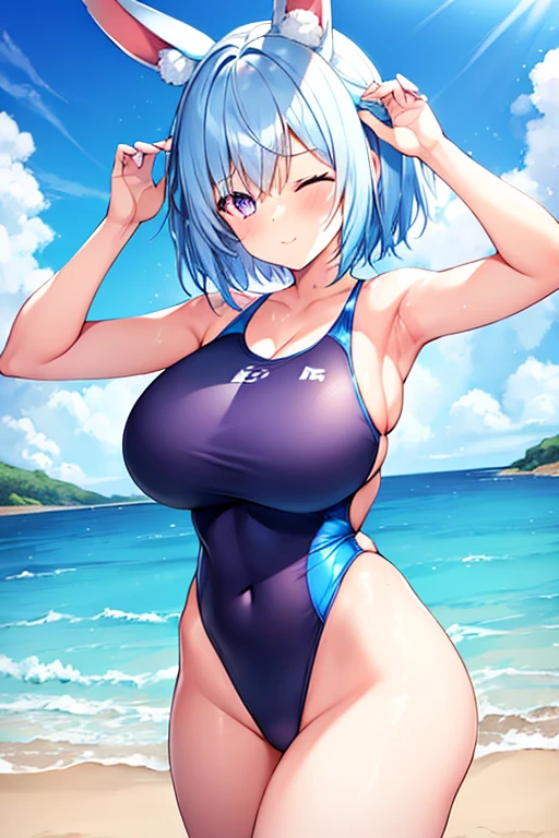 1girl, rabbit ears, animal ear fluff, ((animal ear fluff)), light blue hair, blue hair, very short hair, pixie cut, purple eyes, one eye closed, , thick thighs, hourglass figure, light smile, one-piece swimsuit, competition swimsuit,  legs, mature female, beach, blue swimsuit, blue one-piece swimsuit, ((competition swimsuit)), (mature female)