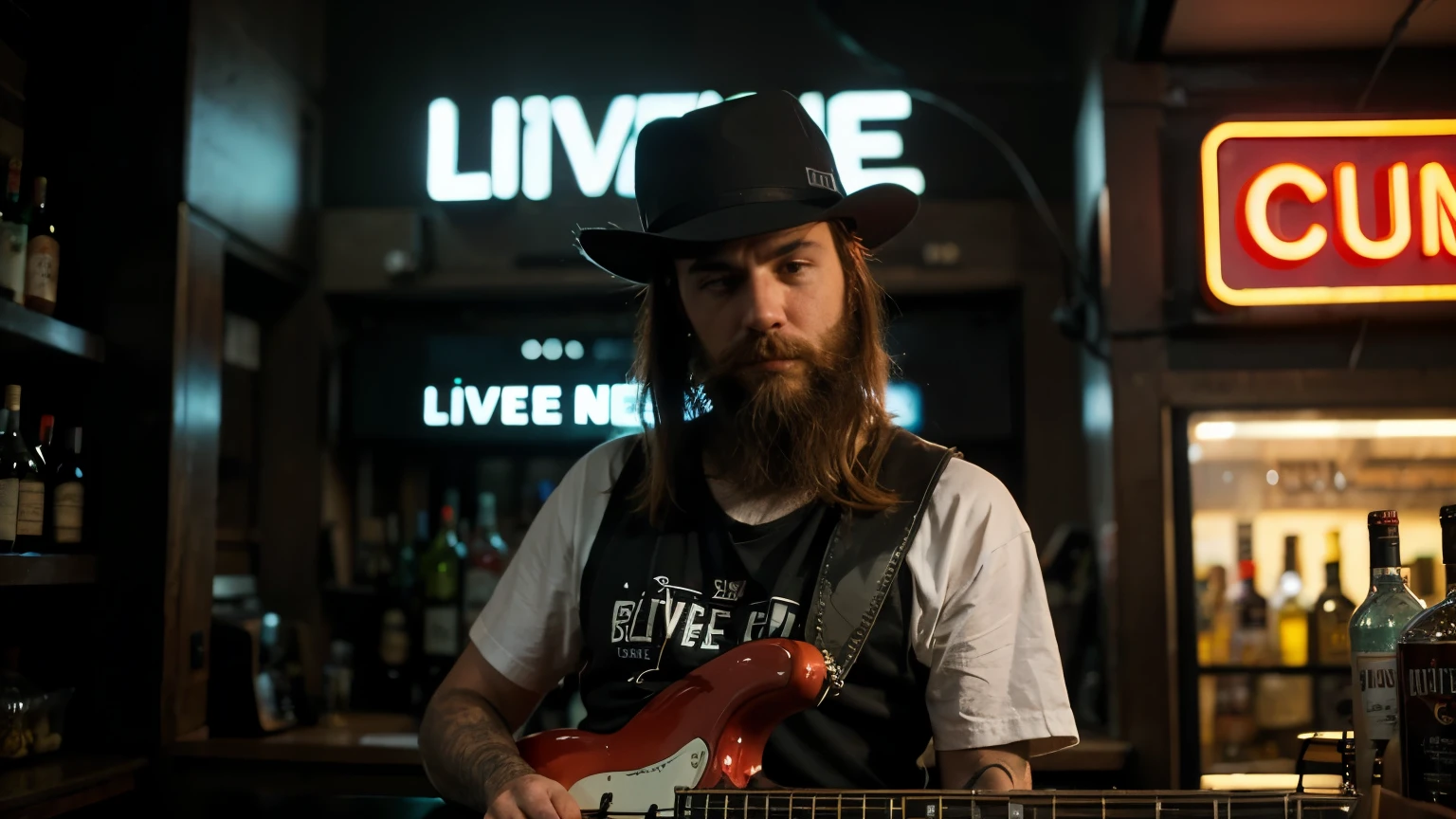 a bearded man with a hat holding a bass guitar in front of a bar with a sign that says live blues in neon letters in lofi cyberpunk style