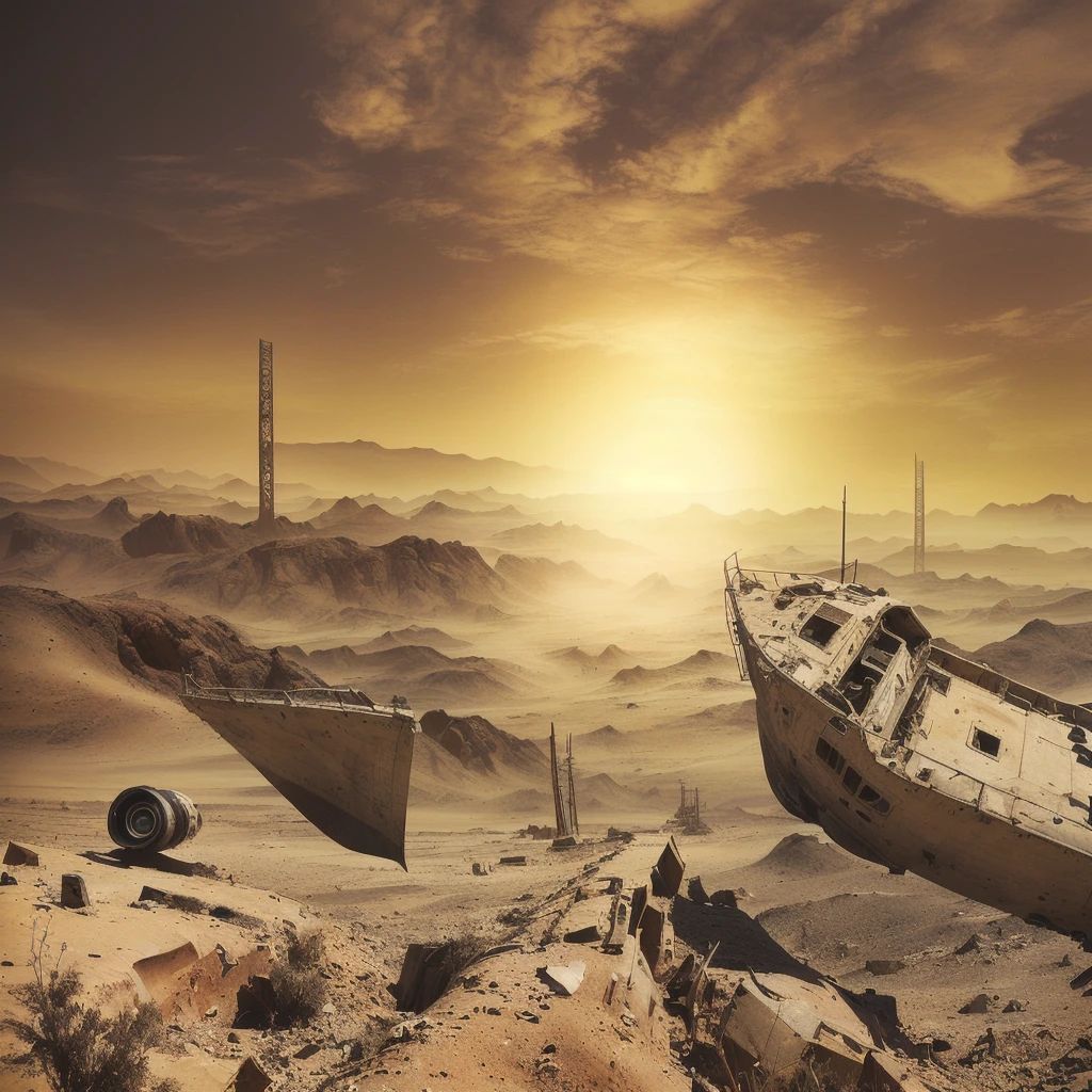 There are many vehicles and boats in the desert, post apocalyptic landscape, apocalyptic landscape, Post-apocalyptic hellscape, Post-apocalyptic wasteland, doomsday landscape, post apocalyptic scene, Post-apocalyptic atmosphere, 3D rendering and matte painting, "Matte Painting", post apocalyptic world, "Matte Painting", Post-apocalyptic wasteland, Realistic apocalyptic war scenario, Surreal matte painting , ((low angle shot 1.7)) ((Camera lens close to the ground to shoot 1.8))
