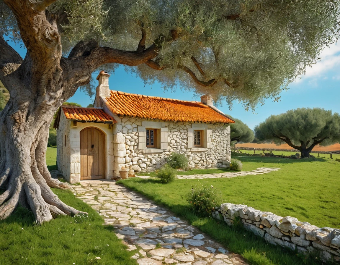 magical realism of a charming white stone cottage featuring a rustic wooden door, accompanied by a small wooden annex on the right. It's nestled in a pastoral setting, complete with a grand olive tree standing before it, incredibly beautiful, by John Broadley, briown and cream color scheme, orange roof, meadows in the background, hyper-maximalism, sharp focus, HDR, 8k, final render, vray