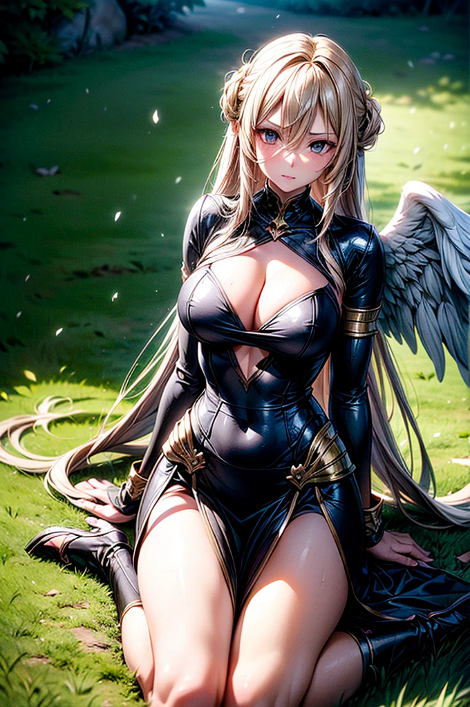 female archangel prepared for battle, an extremally beautiful warrior valkyre, ultra feminine, long hair, blond hair, braided hair, wearing divine golden armor, cleavage, big breasts, (angel wings: 1.2) spread, angry look, prepared for battle, kneeling on grass, field environment, 16k, RAW, ultra wide shot, photorealism, depth of field, hyper realistic. ray tracing