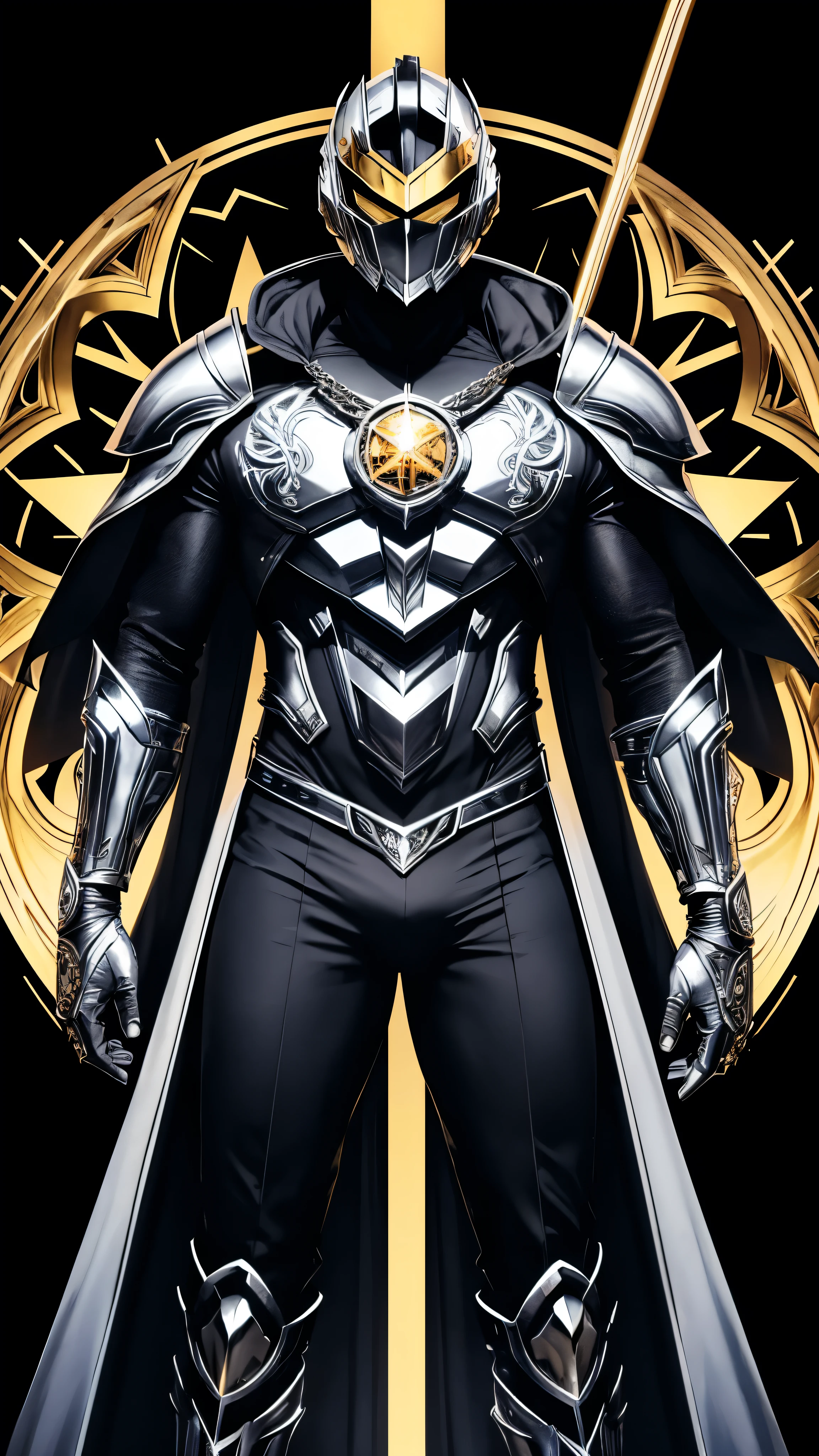 A Super Villain who wears chrome armor that shines with shades of silver and gold, adorned with intricate details that evoke a futuristic aesthetic.  Your helmet has a visor that hides your face, casting an aura of mystery.  Em seu peito, a clock-shaped emblem represents your dominance over time.  He wields a technological scepter that radiates temporal energy, adding an imminent threat to your presence.  Your erection, Confident posture reflects your determination to achieve temporal supremacy.