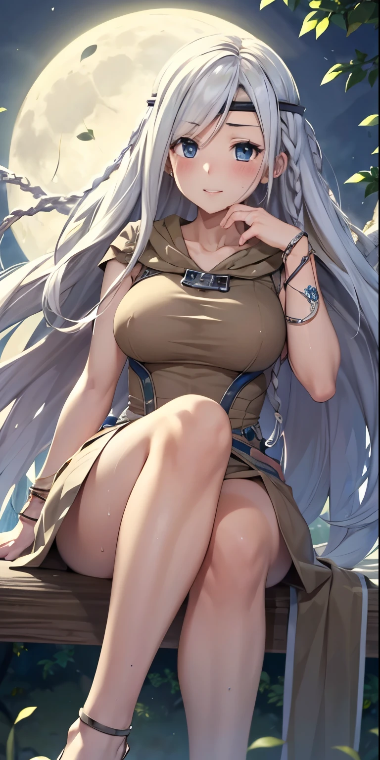 1 Female,High definition,high resolution,Ultra-realistic,8K, 8K, masterpiece, sitting, crossed legs,best quality, highres, mweob, white hair, headband, jewelry, bracelet, brown dress,European,sexy,Upper body close-up,Photographed from the front,Dynamic Angles,(blush), big tits , happy, wink the eye,facial, sweat,multicolored hair , outdoors, moonlight, night ,leaf , windy,tree background 