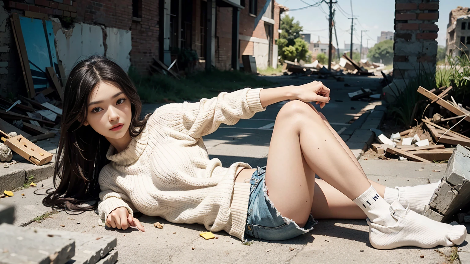 girl,sweater,shorts,White Socks,Bare legs,hurt,Lying in the ruins,emaciated