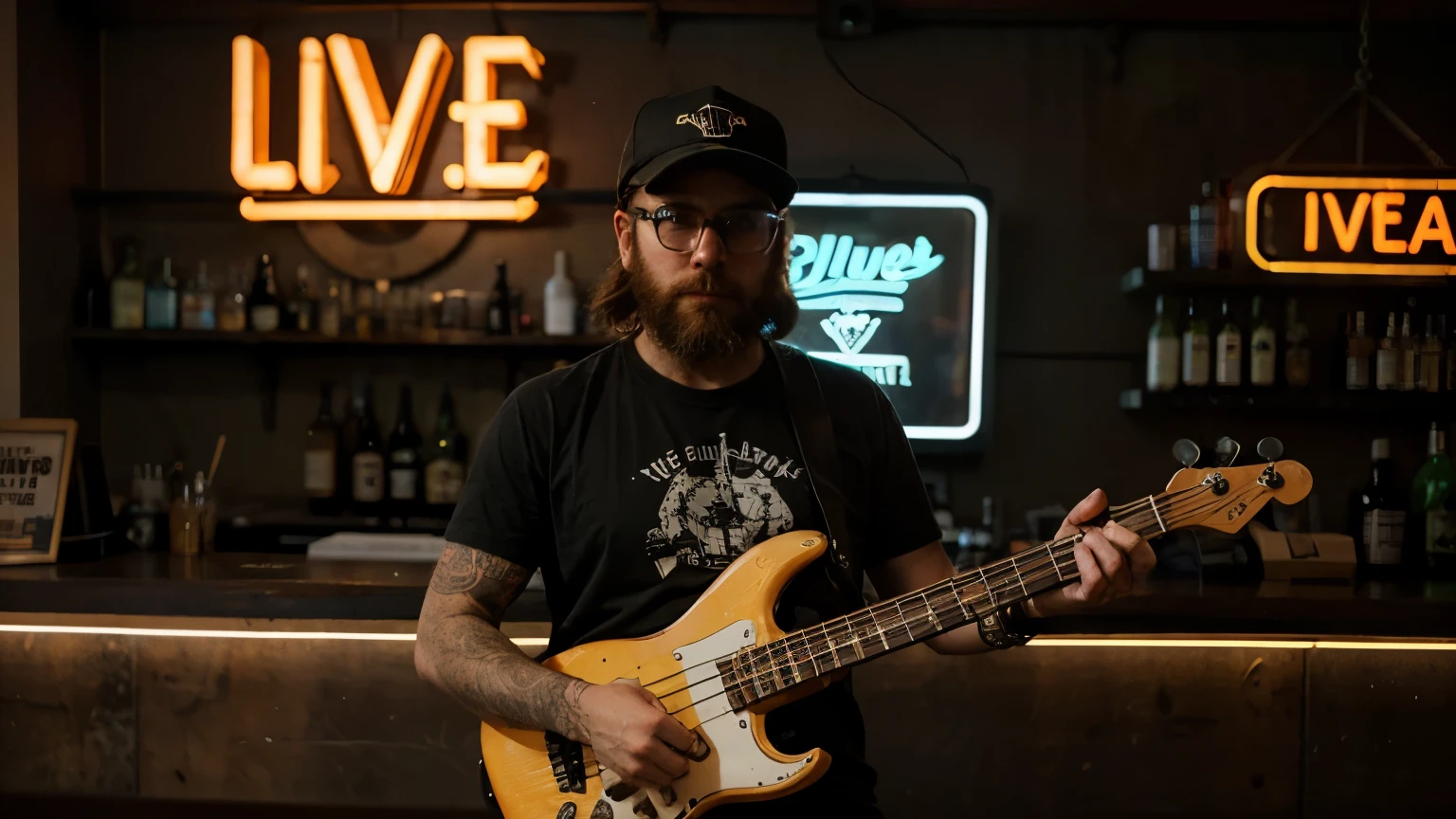 a bearded man with a hat and glasses holding a bass guitar and a woman holding a guitar, and another man playing the drums and another man playing the saxophone in front of a bar with the sign saying live blues in neon letters in the lofi cyberpunk style and with perfection on the faces and instruments.