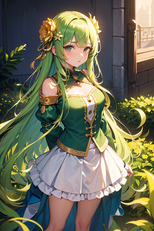 Beautiful 18 year old girl, work of art, best qualityer, 8K animation, detailed fingers, Precise Fingers, non-abnormal hands, illustration, 1 girl, standing alone, Medium green cut, golden crown, flower hair ornament, droopy eyes, white mini-skirt, Yui