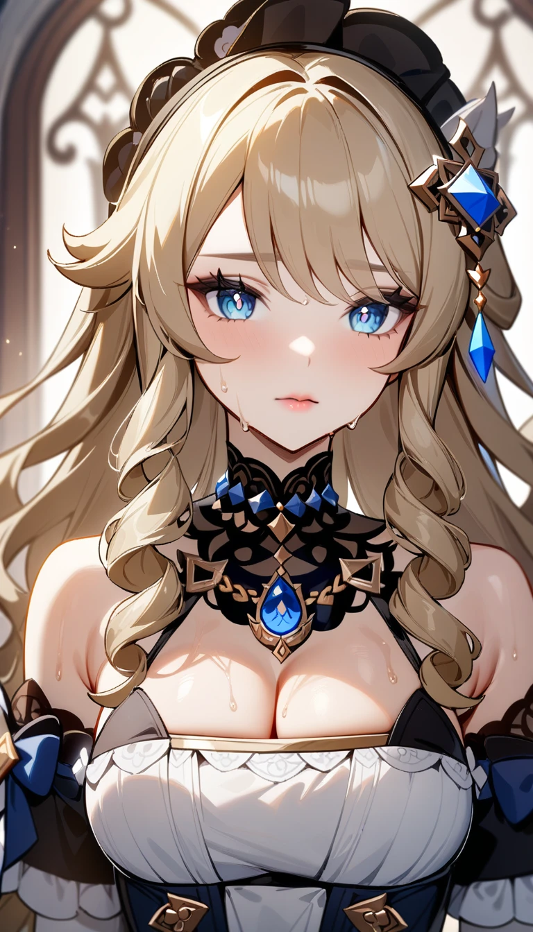 1girl,solo,super detailed skin,shiny skin,wet oily skin,,navia \(genshin impact\), genshin impact,natural face,long hair,eyelashes,lips gloss,medium breasts,beautifully shaped breasts,gothic maid costume,gothic short skirt,cleavage cutout,room,masterpiece,best quality,ultra detailed,high resolution,sharp focus,depth of field