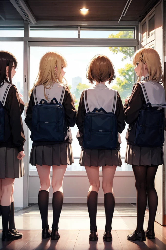 five girls, school, class, black, blond, brown,standing