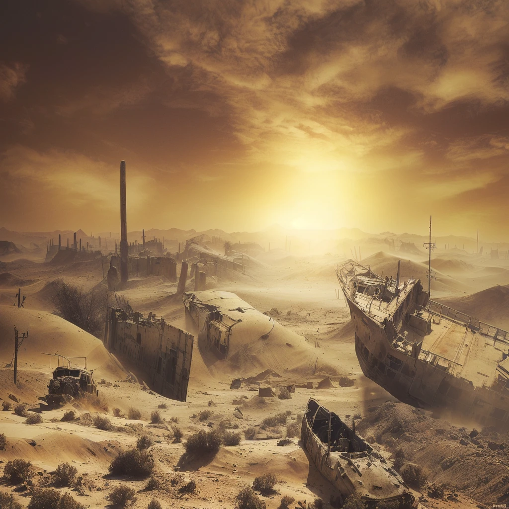 There are many vehicles and boats in the desert, post apocalyptic landscape, apocalyptic landscape, Post-apocalyptic hellscape, Post-apocalyptic wasteland, doomsday landscape, post apocalyptic scene, Post-apocalyptic atmosphere, 3D rendering and matte painting, "Matte Painting", post apocalyptic world, "Matte Painting", Post-apocalyptic wasteland, Realistic apocalyptic war scenario, Surreal matte painting , ((low angle shot 1.7)) ((Camera lens close to the ground to shoot 1.8))