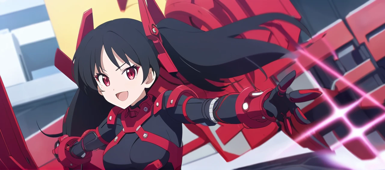 Black hair, twintail hair, Red eyes, medium breasts, Red gear outfit, Armored gear, Sexy mode, Smile, Anime Styles, HD