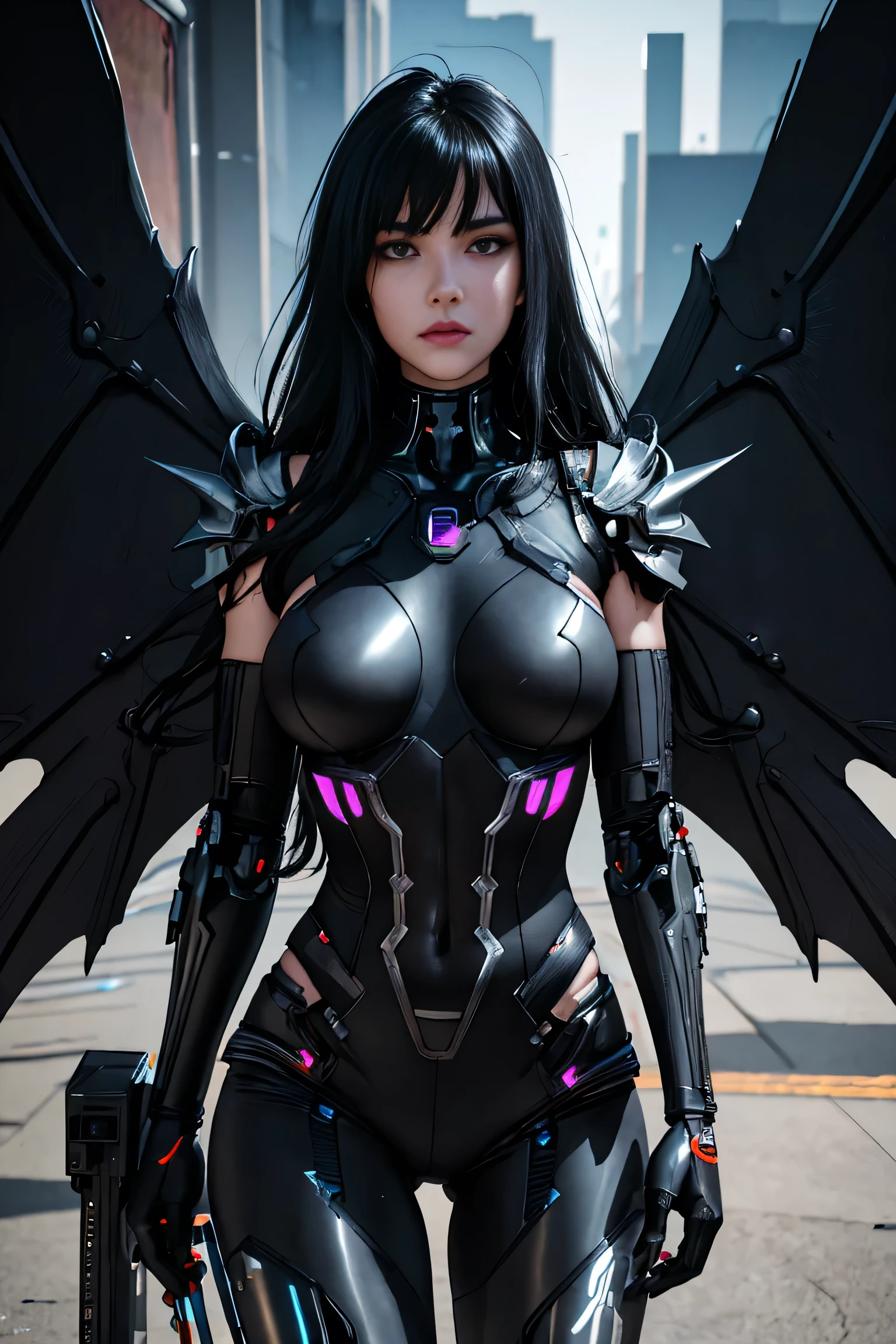 (8k), high-detailed face,work of art, Bela , gigantic black cyborg wings, wings have neon lights, open wings,, in tight metal armor, metallic belt, Electronic armature elements, 20 year, the skin beneath the suit has shiny lines, shoulder length black hair, a cyborg eye, Standing, serious expression, cinematic lighting, Burning cyberpunk city in the distance, flat-chested