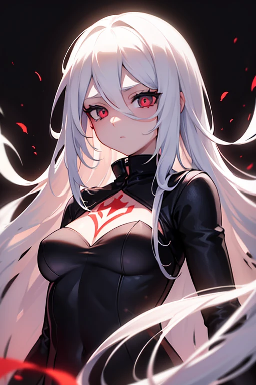 ((work of art,best qualityer)),1 girl,beautiful detailed eyes, face detailed, (whole body:1.2), long white hair, Eyes red,Small size breasts, (black backdrop:1.2), bloody particles, shading face