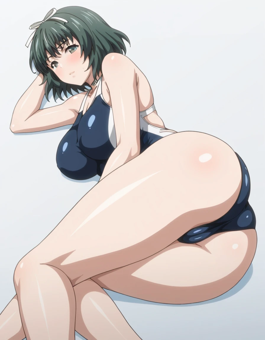 euphoria-style, score_7_up, source_anime, 1girl, solo, looking at viewer, blush, cowboy shot, simple white background, large breasts, swimsuit, ass, lying, on side, short hair, green hair, shiny, shiny skin