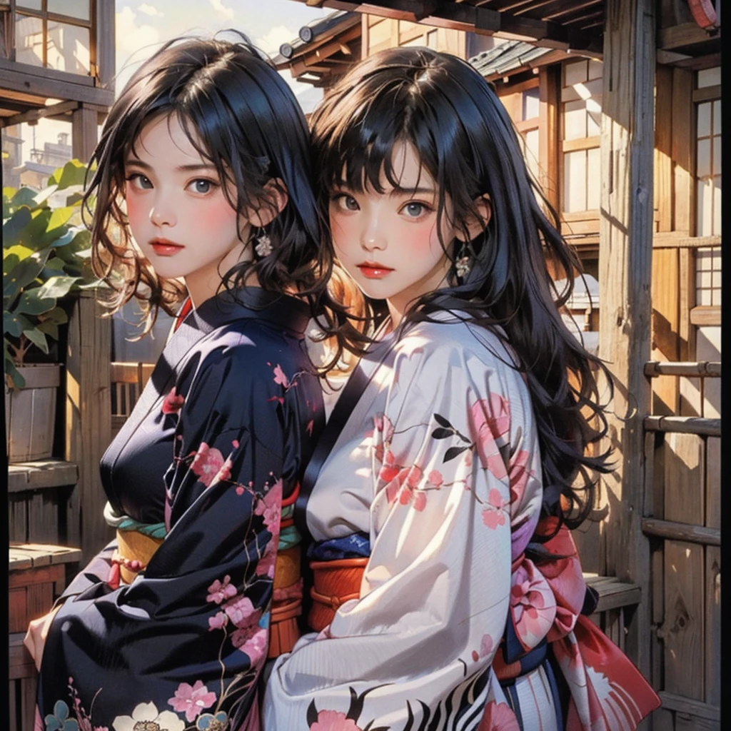 (highest quality、8k、32k、masterpiece)、(masterpiece, up to date,Exceptional:1.2), Anime, One girl,Front hair,black_hair, Beautiful 8k eyes,Looking_in_Audience,One person in,Are standing,((Very beautiful woman, Fuller lips, Japanese pintern kimono))、((Colorful Japanese kimono)))、(((Medium Shot)))、Blunt bung、(High resolution)、Very beautiful face and eyes、1 girl 、Round and small face、Narrow waist、delicine body、(highest quality high detail Rich skin details)、(highest quality、8k、Oil paints:1.2)、Very detailed、(Realistic、Realistic:1.37)、Bright colors、(((blackhair)))、(((longhair)))、(((cowboy pictures)))、((( Inside an old Japanese house)))、(masterpiece, highest quality, highest quality, Official Art, beautifully、aesthetic:1.2), (One girl), Very detailedな,(Fractal Art:1.3),colorful,Most detailed,Sengoku period(High resolution)、Very beautiful face and eyes、1 girl 、Round and small face、Tight waist、Delicine body、(highest quality high detail Rich skin details)、(highest quality、8k、Oil paints:1.2)、(Realistic、Realistic:1.37)、Greg Rutkowski Written by Alphonse Mucha Ropp, sun lips
