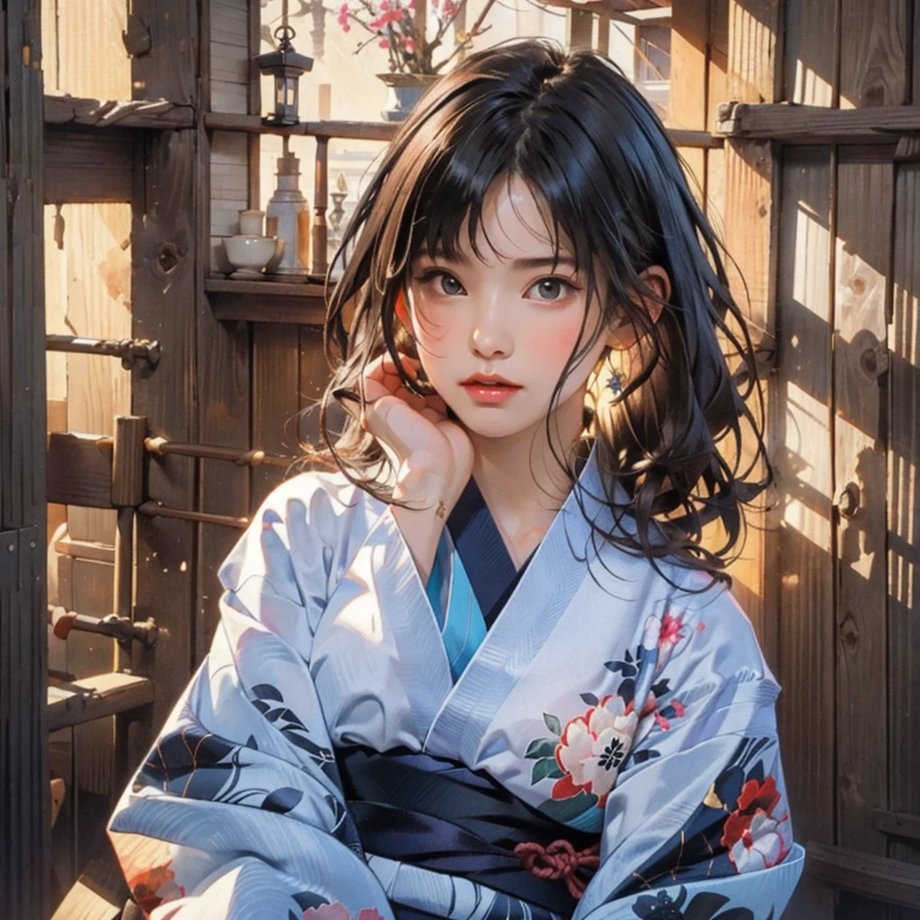 (highest quality、8k、32k、masterpiece)、(masterpiece, up to date,Exceptional:1.2), Anime, One girl,Front hair,black_hair, Beautiful 8k eyes,Looking_in_Audience,One person in,Are standing,((Very beautiful woman, Fuller lips, Japanese pintern kimono))、((Colorful Japanese kimono)))、(((Medium Shot)))、Blunt bung、(High resolution)、Very beautiful face and eyes、1 girl 、Round and small face、Narrow waist、delicine body、(highest quality high detail Rich skin details)、(highest quality、8k、Oil paints:1.2)、Very detailed、(Realistic、Realistic:1.37)、Bright colors、(((blackhair)))、(((longhair)))、(((cowboy pictures)))、((( Inside an old Japanese house)))、(masterpiece, highest quality, highest quality, Official Art, beautifully、aesthetic:1.2), (One girl), Very detailedな,(Fractal Art:1.3),colorful,Most detailed,Sengoku period(High resolution)、Very beautiful face and eyes、1 girl 、Round and small face、Tight waist、Delicine body、(highest quality high detail Rich skin details)、(highest quality、8k、Oil paints:1.2)、(Realistic、Realistic:1.37)、Greg Rutkowski Written by Alphonse Mucha Ropp, sun lips