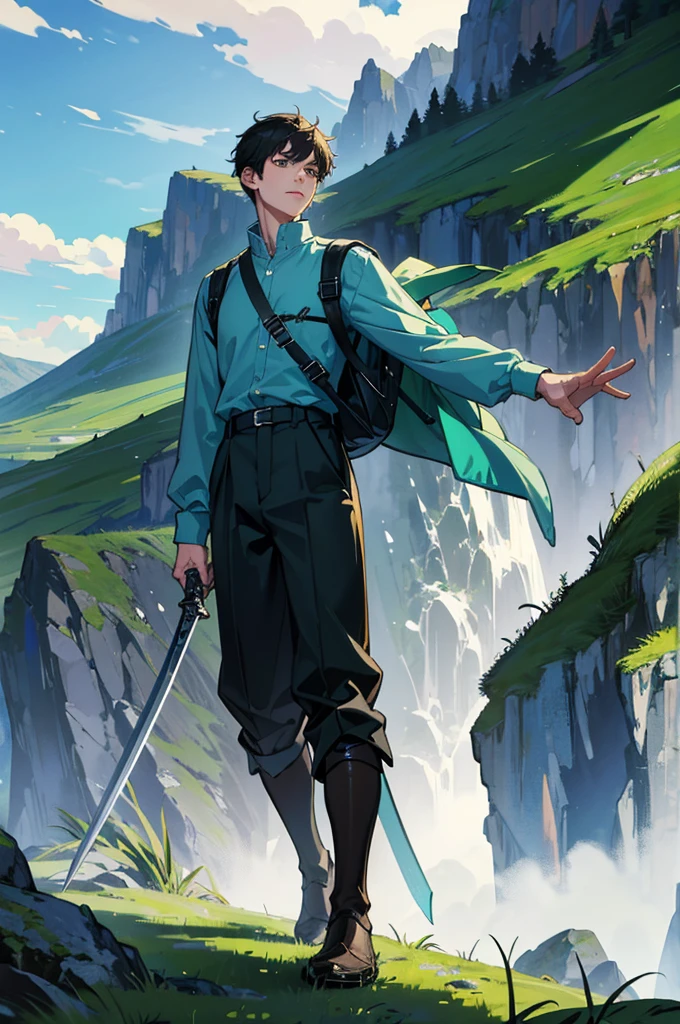 Young man walking in nature, with a green backpack, blue shirt and a white mountain pass, with a sword in his hand and an arm made of metal