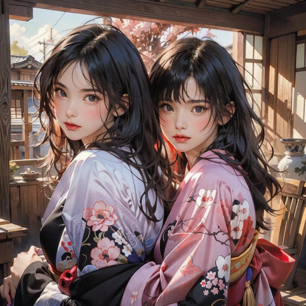 (highest quality、8k、32k、masterpiece)、(masterpiece, up to date,Exceptional:1.2), Anime, One girl,Front hair,black_hair, Beautiful 8k eyes,Looking_in_Audience,One person in,Are standing,((Very beautiful woman, Fuller lips, Japanese pintern kimono))、((Colorful Japanese kimono)))、(((Medium Shot)))、Blunt bung、(High resolution)、Very beautiful face and eyes、1 girl 、Round and small face、Narrow waist、delicine body、(highest quality high detail Rich skin details)、(highest quality、8k、Oil paints:1.2)、Very detailed、(Realistic、Realistic:1.37)、Bright colors、(((blackhair)))、(((longhair)))、(((cowboy pictures)))、((( Inside an old Japanese house)))、(masterpiece, highest quality, highest quality, Official Art, beautifully、aesthetic:1.2), (One girl), Very detailedな,(Fractal Art:1.3),colorful,Most detailed,Sengoku period(High resolution)、Very beautiful face and eyes、1 girl 、Round and small face、Tight waist、Delicine body、(highest quality high detail Rich skin details)、(highest quality、8k、Oil paints:1.2)、(Realistic、Realistic:1.37)、Greg Rutkowski Written by Alphonse Mucha Ropp, sun lips