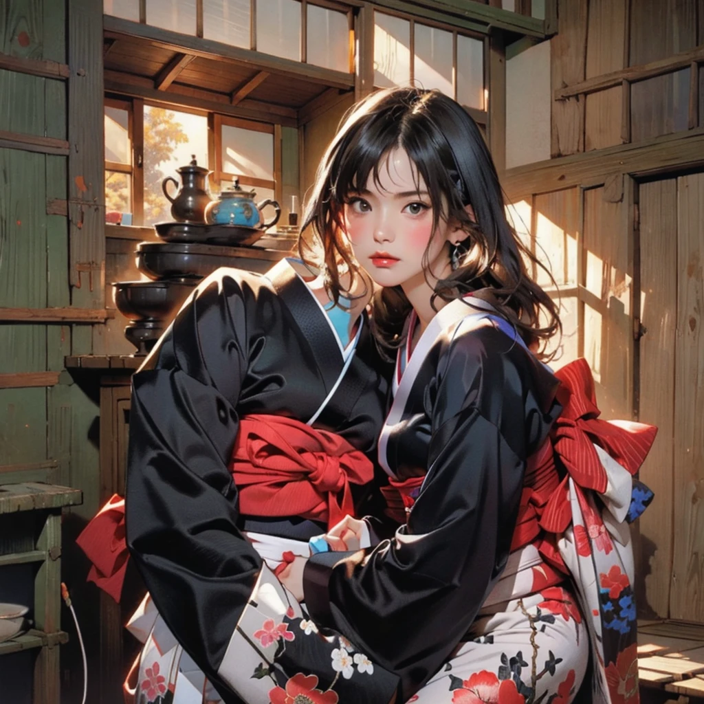 (highest quality、8k、32k、masterpiece)、(masterpiece, up to date,Exceptional:1.2), Anime, One girl,Front hair,black_hair, Beautiful 8k eyes,Looking_in_Audience,One person in,Are standing,((Very beautiful woman, Fuller lips, Japanese pintern kimono))、((Colorful Japanese kimono)))、(((Medium Shot)))、Blunt bung、(High resolution)、Very beautiful face and eyes、1 girl 、Round and small face、Narrow waist、delicine body、(highest quality high detail Rich skin details)、(highest quality、8k、Oil paints:1.2)、Very detailed、(Realistic、Realistic:1.37)、Bright colors、(((blackhair)))、(((longhair)))、(((cowboy pictures)))、((( Inside an old Japanese house)))、(masterpiece, highest quality, highest quality, Official Art, beautifully、aesthetic:1.2), (One girl), Very detailedな,(Fractal Art:1.3),colorful,Most detailed,Sengoku period(High resolution)、Very beautiful face and eyes、1 girl 、Round and small face、Tight waist、Delicine body、(highest quality high detail Rich skin details)、(highest quality、8k、Oil paints:1.2)、(Realistic、Realistic:1.37)、Greg Rutkowski Written by Alphonse Mucha Ropp, sun lips